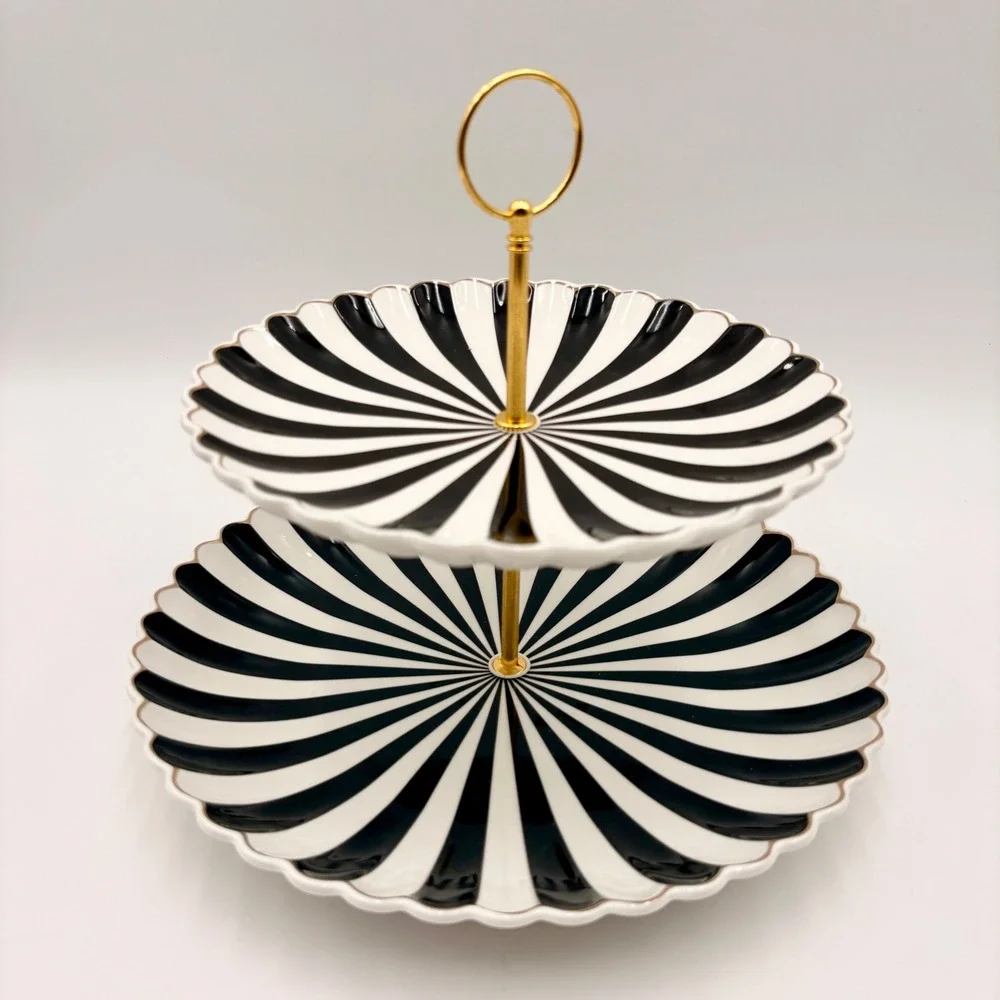 Grace Teaware Black White Striped 2 Tier Porcelain Dessert Stand Halloween